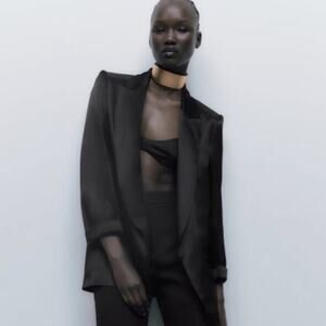 Zara Black Satin Open Rolled Cuff Front Blazer